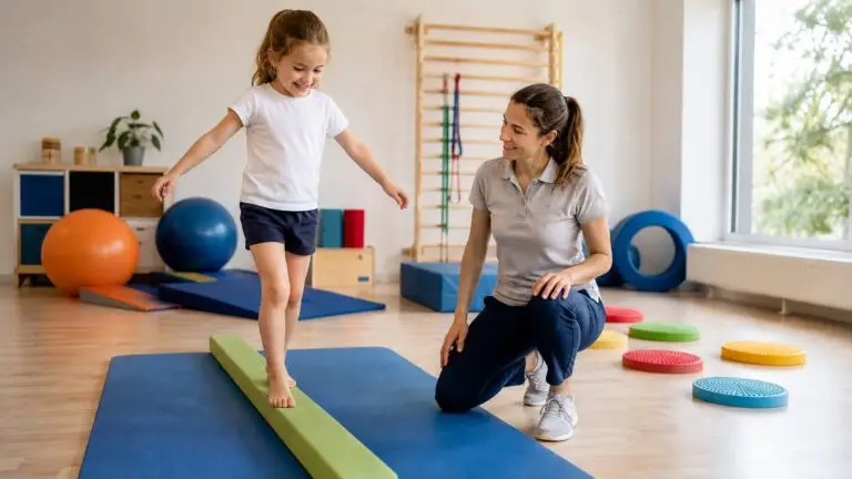 Fysiotherapie voor kinderen tijdens een oefening voor motorische ontwikkeling