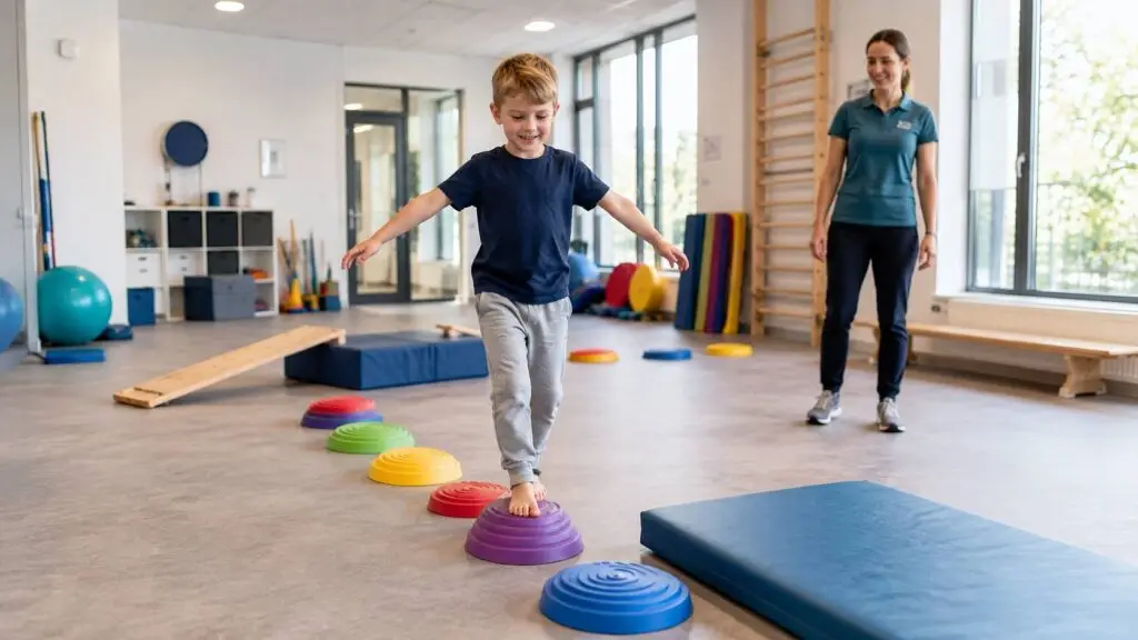 Kind oefent balans en grove motoriek tijdens kinderfysiotherapie