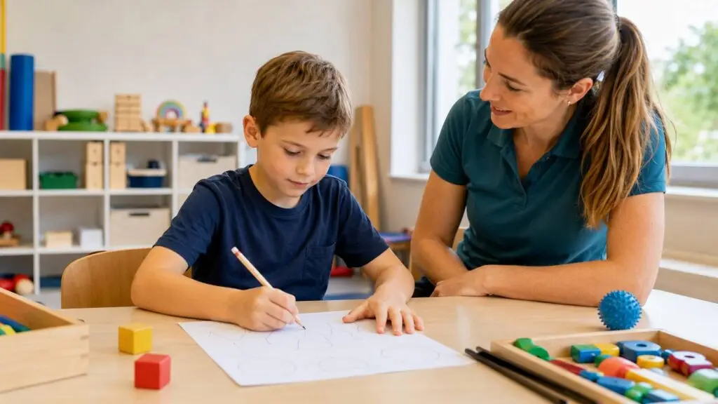 Kind oefent schrijfmotoriek en pengreep met een kinderfysiotherapeut